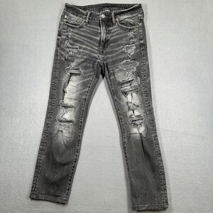 American Eagle Jeans Mens 30x32 Gray Denim Distress Mid Rise Whisker Grunge Y2K